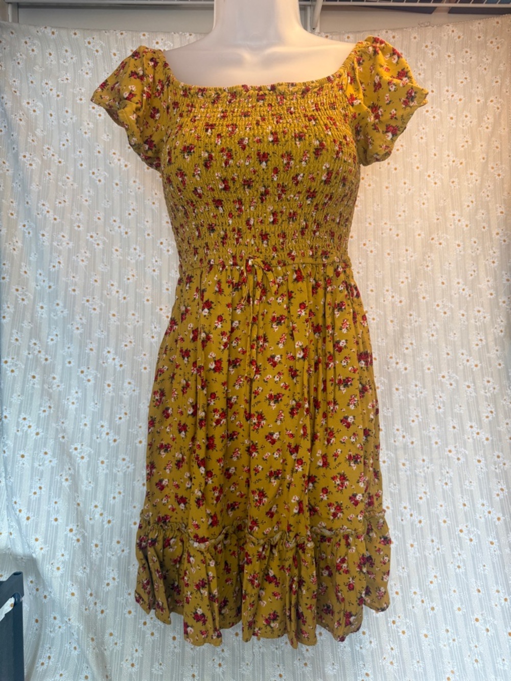 Xhilaration Mustard Floral Smocked Mini Dress